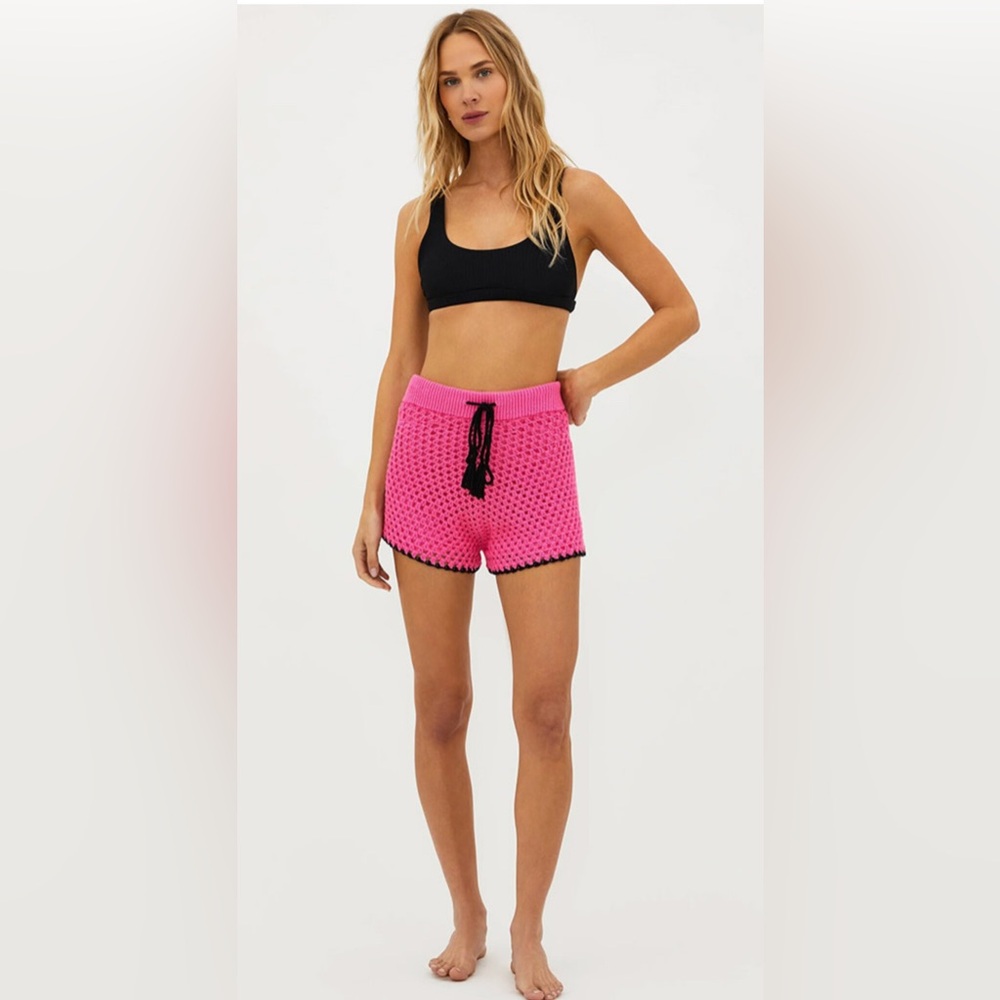 Beach Riot Hot Pink Crochet Shorts with Black Trim